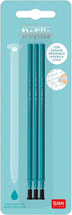 Erasable Gel Pen Refills for Legami Pens - Pack of 3 Turquoise Blue