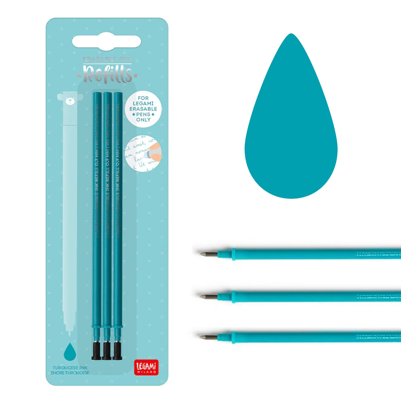 Erasable Gel Pen Refills for Legami Pens - Pack of 3 Turquoise Blue