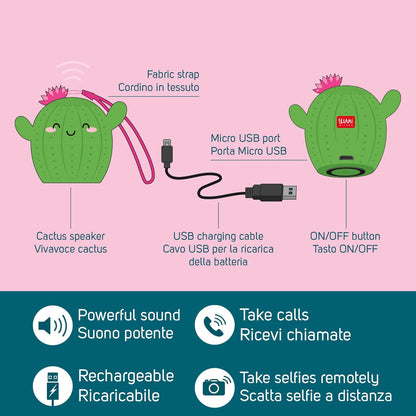 Legami - Mini Handsfree and Wireless Speaker, Pump Up The Volume, 5.8 x 5 cm, External Rubber Coating, Plastic Interior, Cactus Theme, Remote Selfie