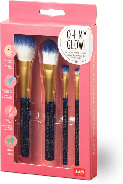 Legami - Set of 4 Makeup Brushes Oh My Glow! Stars Theme Includes Powder, Foundation, Eyeshadow, Eyeliner Brush, 100% Vegan, Travel Size