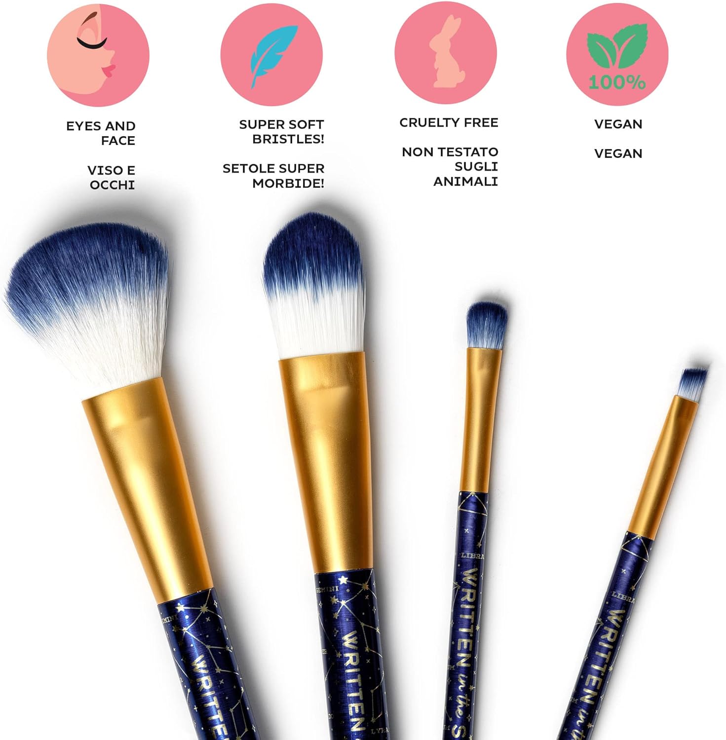 Legami - Set of 4 Makeup Brushes Oh My Glow! Stars Theme Includes Powder, Foundation, Eyeshadow, Eyeliner Brush, 100% Vegan, Travel Size