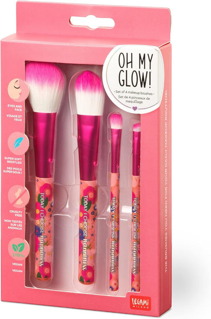 Legami - Set of 4 Makeup Brushes, Oh My Glow! Flowers Theme, Includes Powder Brush, Foundation Brush, Eyeshadow Brush, Eyeliner Brush, 100% Vegan, Travel Format