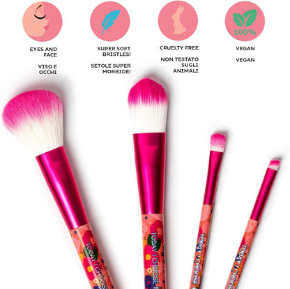 Legami - Set of 4 Makeup Brushes, Oh My Glow! Flowers Theme, Includes Powder Brush, Foundation Brush, Eyeshadow Brush, Eyeliner Brush, 100% Vegan, Travel Format