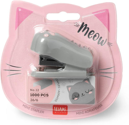 Legami - Meow Mini Stapler, 3.2 x 4.5 cm, Plastic, Kitty Theme, Embedded Staple Remover on The Back, 1000 Metal Staples Included