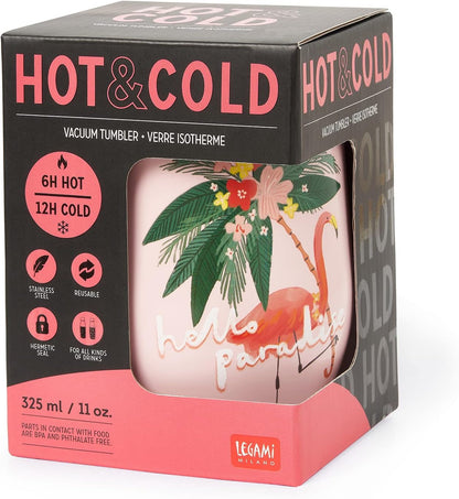 Legami - Thermal Glass 325 Ml, Hot&Cold, Ø 9 cm, Double Layer Stainless Steel and Plastic, Flamingo Theme, Reusable, Airtight Cap with Straw Hole, Lightweight, Resistant