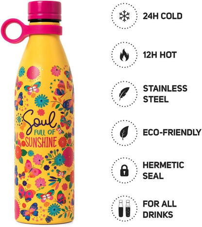 Legami - Hot&Cold 800 ml Thermal Bottle, Diameter 8 cm, Lightweight and Durable, Airtight Closure, Removable Silicone Handle, Butterfly Theme, Soul Full of Sunshine, BPA and Phthalate Free