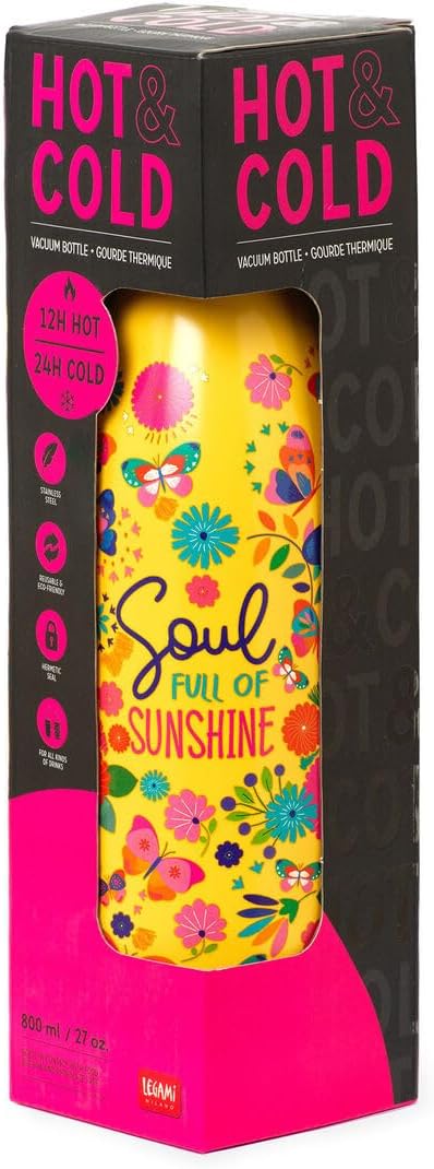Legami - Hot&Cold 800 ml Thermal Bottle, Diameter 8 cm, Lightweight and Durable, Airtight Closure, Removable Silicone Handle, Butterfly Theme, Soul Full of Sunshine, BPA and Phthalate Free