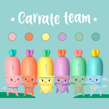 Legami Set of 6 Mini Highlighters - Carrate Team, Carrot-Shaped Highlighters, Water-Based Ink, for Fine and Thick Lines, Pastel Colors, Quick Drying