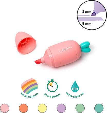 Legami Set of 6 Mini Highlighters - Carrate Team, Carrot-Shaped Highlighters, Water-Based Ink, for Fine and Thick Lines, Pastel Colors, Quick Drying