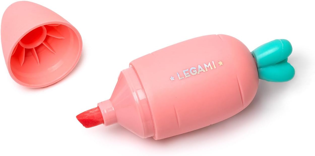 Legami Set of 6 Mini Highlighters - Carrate Team, Carrot-Shaped Highlighters, Water-Based Ink, for Fine and Thick Lines, Pastel Colors, Quick Drying