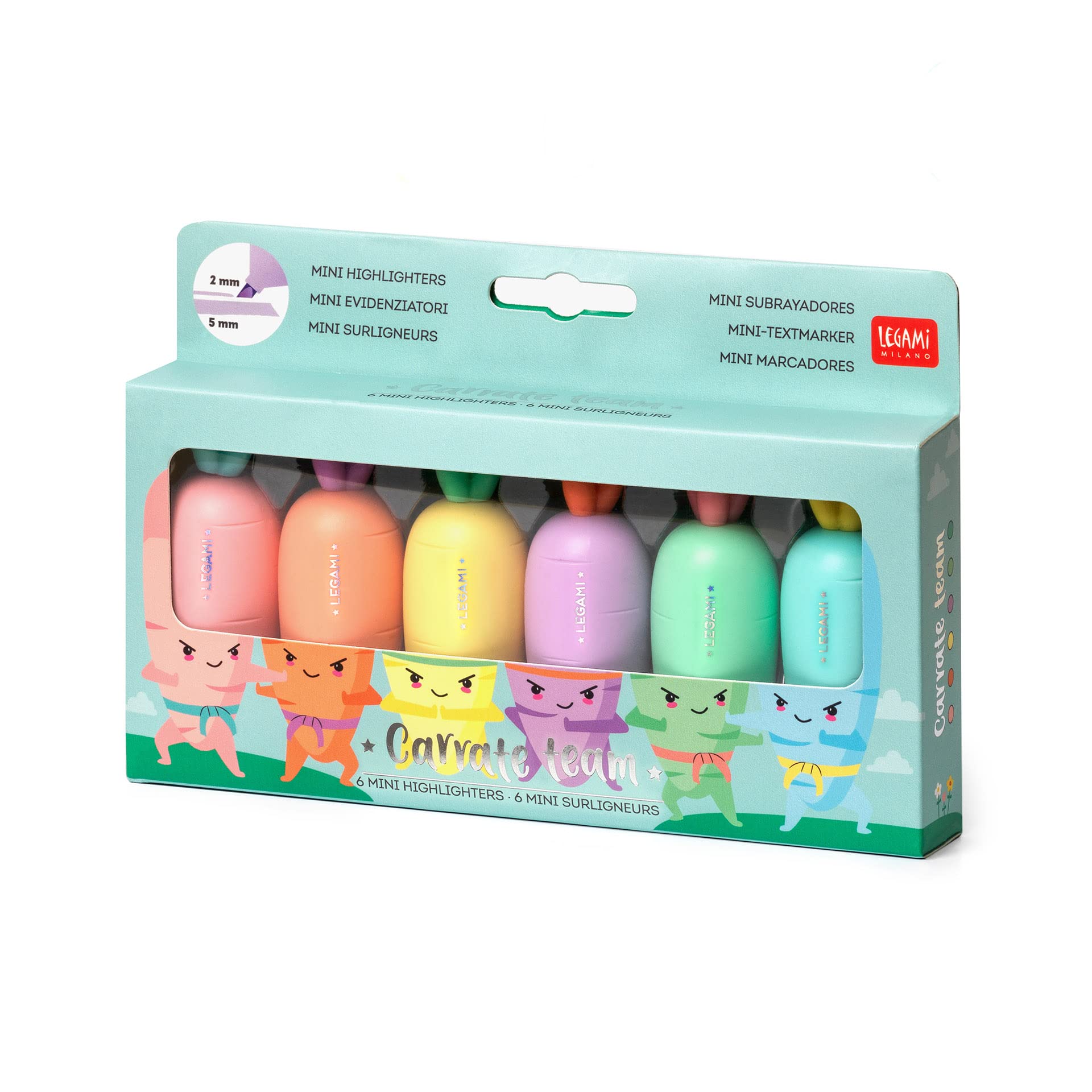 Legami Set of 6 Mini Highlighters - Carrate Team, Carrot-Shaped Highlighters, Water-Based Ink, for Fine and Thick Lines, Pastel Colors, Quick Drying