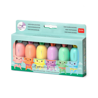 Legami Set of 6 Mini Highlighters - Carrate Team, Carrot-Shaped Highlighters, Water-Based Ink, for Fine and Thick Lines, Pastel Colors, Quick Drying