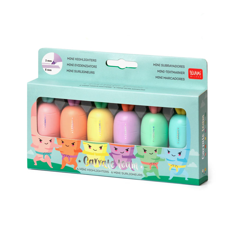 Legami Set of 6 Mini Highlighters - Carrate Team, Carrot-Shaped Highlighters, Water-Based Ink, for Fine and Thick Lines, Pastel Colors, Quick Drying