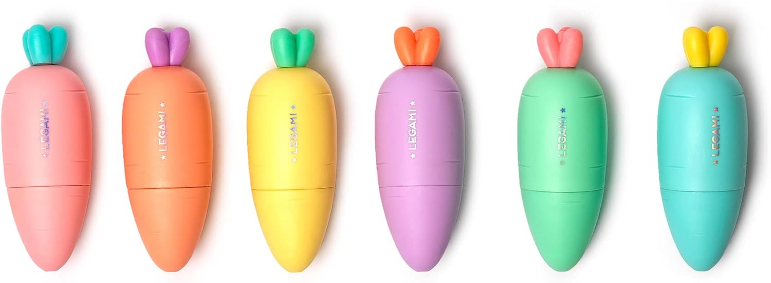 Legami Set of 6 Mini Highlighters - Carrate Team, Carrot-Shaped Highlighters, Water-Based Ink, for Fine and Thick Lines, Pastel Colors, Quick Drying