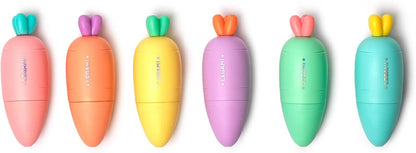 Legami Set of 6 Mini Highlighters - Carrate Team, Carrot-Shaped Highlighters, Water-Based Ink, for Fine and Thick Lines, Pastel Colors, Quick Drying