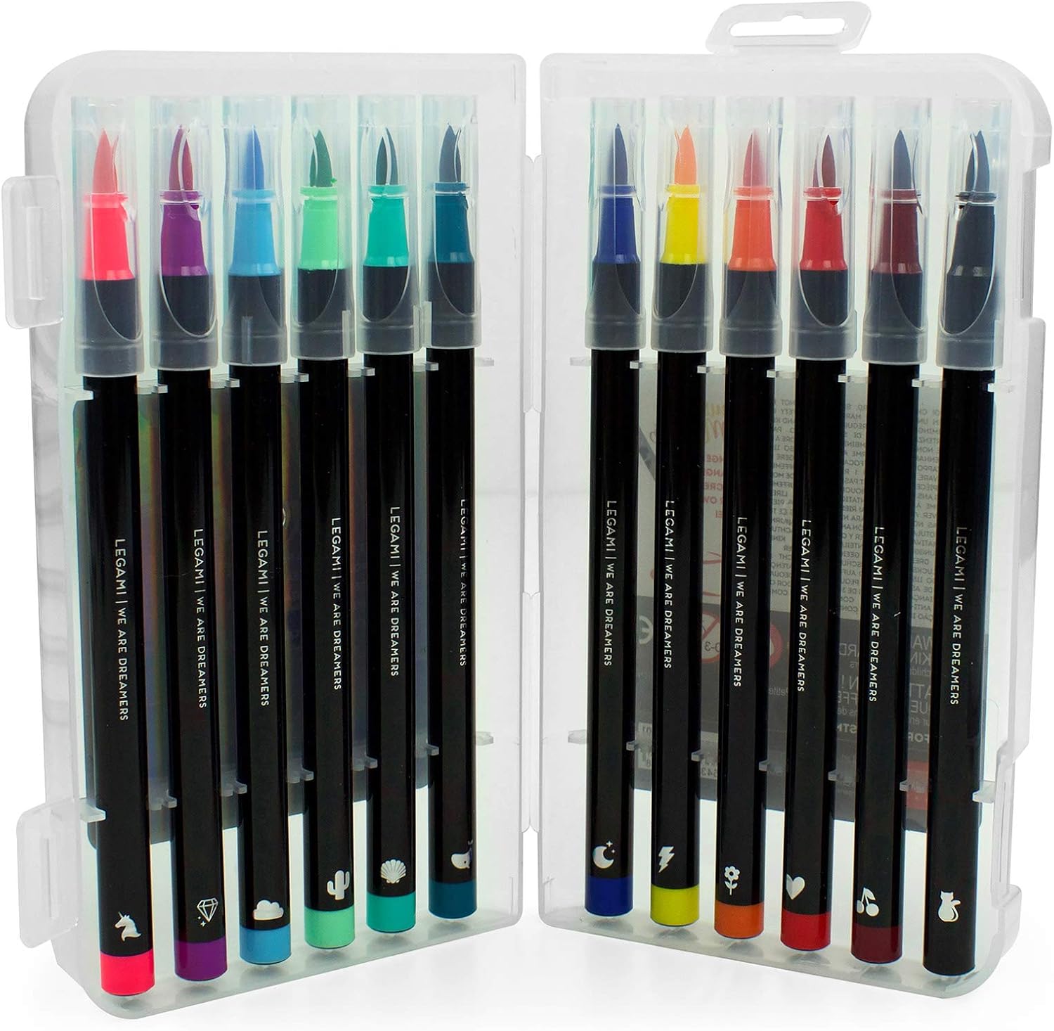 Legami - Set of 12 Marker Pens with Brush Tip, Flexible Tip in Nylon Fiber, for Fluid Lines and Variable Widths, Marker Diameter 1 cm