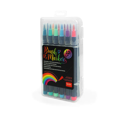 Legami - Set of 12 Marker Pens with Brush Tip, Flexible Tip in Nylon Fiber, for Fluid Lines and Variable Widths, Marker Diameter 1 cm
