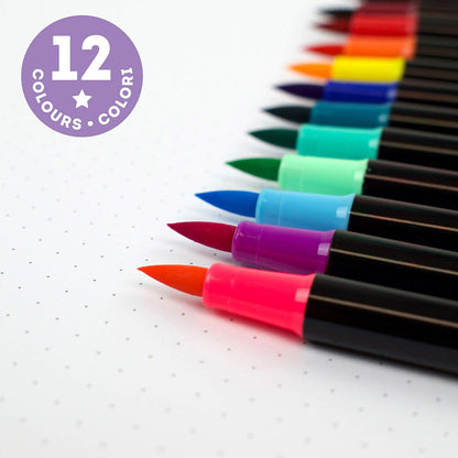 Legami - Set of 12 Marker Pens with Brush Tip, Flexible Tip in Nylon Fiber, for Fluid Lines and Variable Widths, Marker Diameter 1 cm