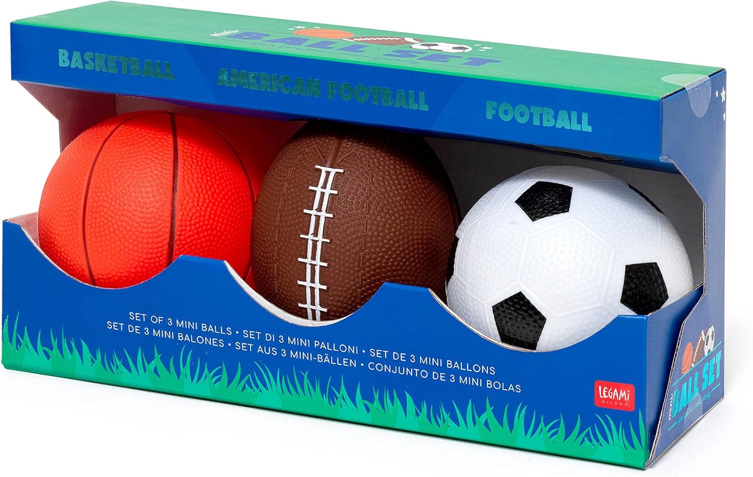 Legami - Set of 3 Mini Balls, Mini Ball Set, 12 x 3.8 cm, Soccer Ball, American Football and a Basketball Ball, all in Miniature, Plastic