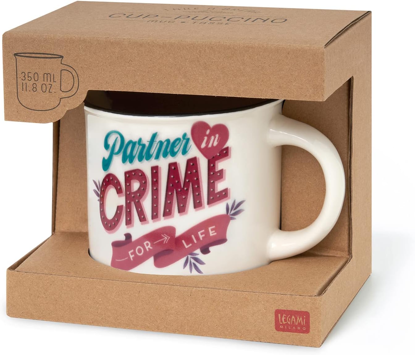 Legami - Puccino Cup, New Bone China Mug, Partner in Crime, Take a Break Collection, Dishwasher Safe, Microwave Safe