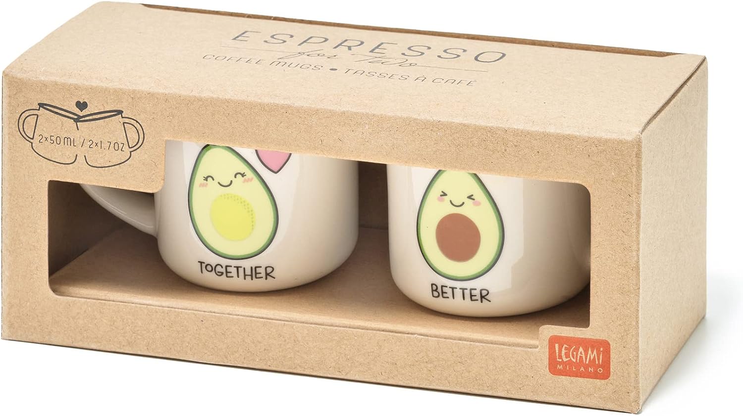 Legami - Espresso for Two, 2 New Bone China Porcelain Coffee Cups, Capacity 50 ml, Avocado Theme, Dishwasher Safe, Microwave Safe