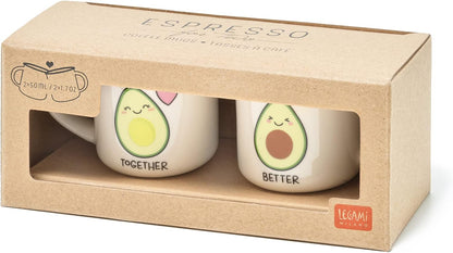 Legami - Espresso for Two, 2 New Bone China Porcelain Coffee Cups, Capacity 50 ml, Avocado Theme, Dishwasher Safe, Microwave Safe