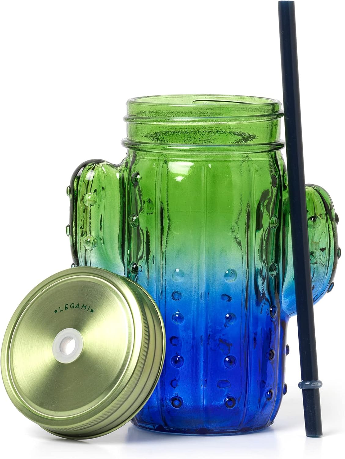 Legami - Glass Cup with Stopper and Straw, Cheers, 11x14.5 cm, Cactus Theme, Mug with Handle in The Shape of a Fat Plant, Stainless Steel Lid, Screw Cap, Reusable Straw