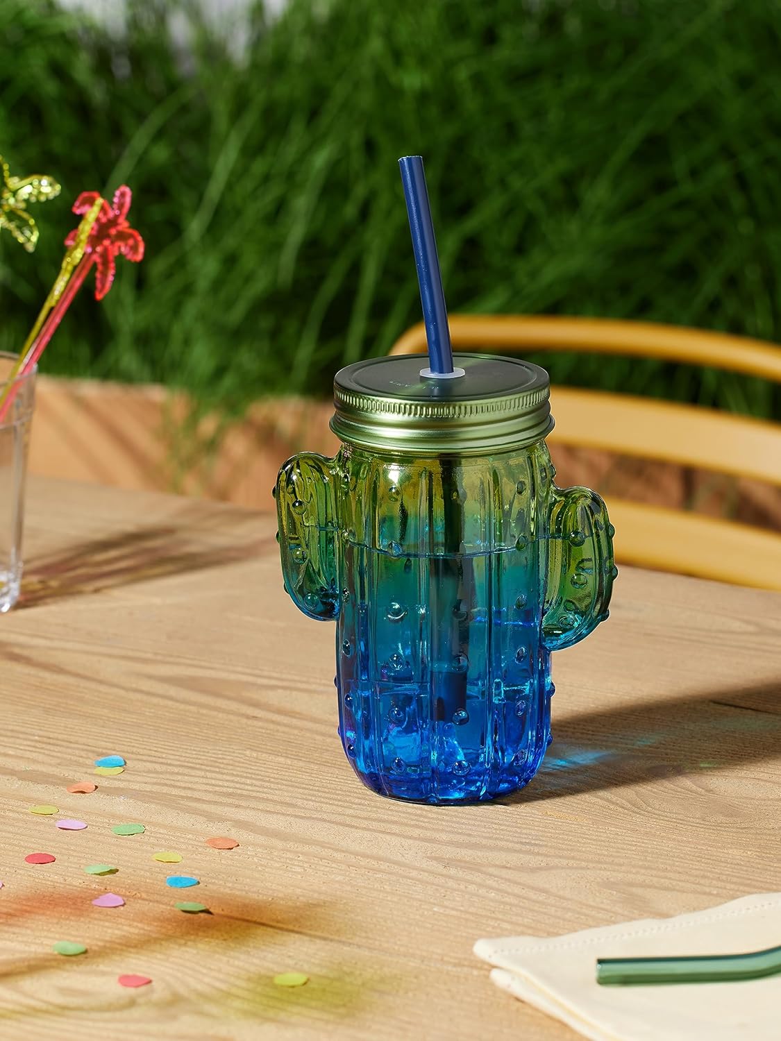 Legami - Glass Cup with Stopper and Straw, Cheers, 11x14.5 cm, Cactus Theme, Mug with Handle in The Shape of a Fat Plant, Stainless Steel Lid, Screw Cap, Reusable Straw