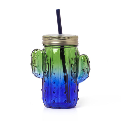 Legami - Glass Cup with Stopper and Straw, Cheers, 11x14.5 cm, Cactus Theme, Mug with Handle in The Shape of a Fat Plant, Stainless Steel Lid, Screw Cap, Reusable Straw