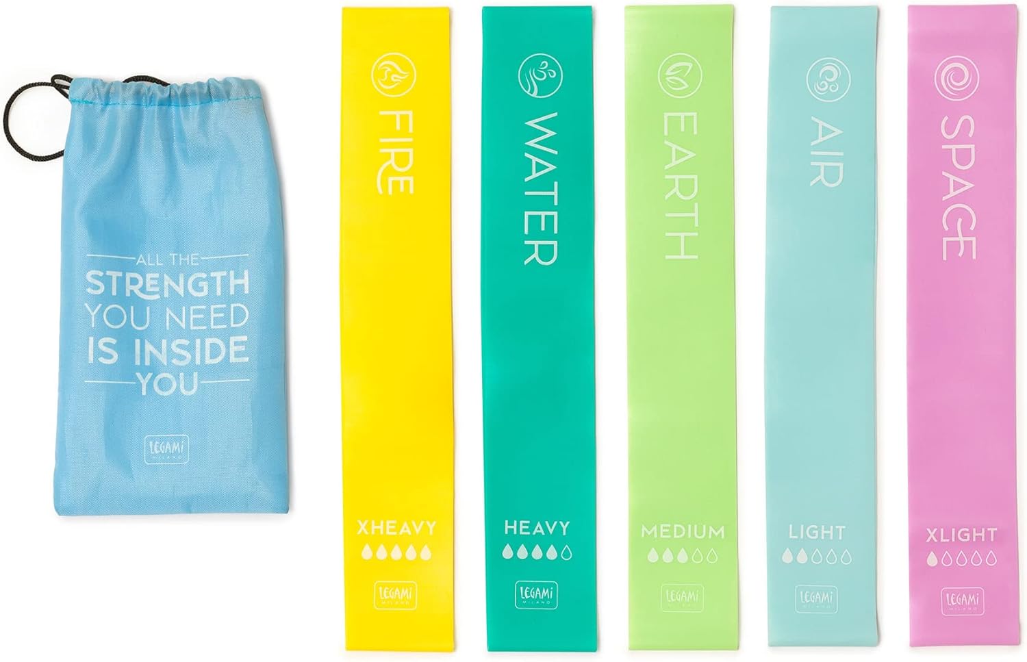 Legami - Set of 5 Fitness Elastics, 5 Resistance Levels, Manual with Exercise Instructions and Case included, 30x5 cm
