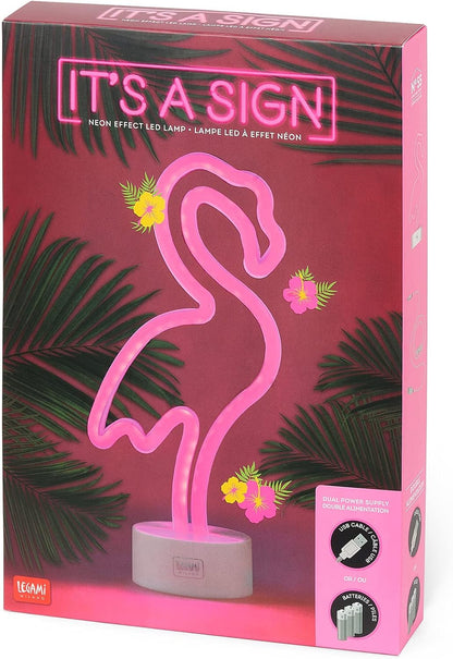 Legami - Neon Effect Led Lamp, It's a Sign, H 32.5 cm, Flamingo Theme, Dual Power, USB Cable (Included) or Batteries (not included), Table Lamp, Multicolor Light