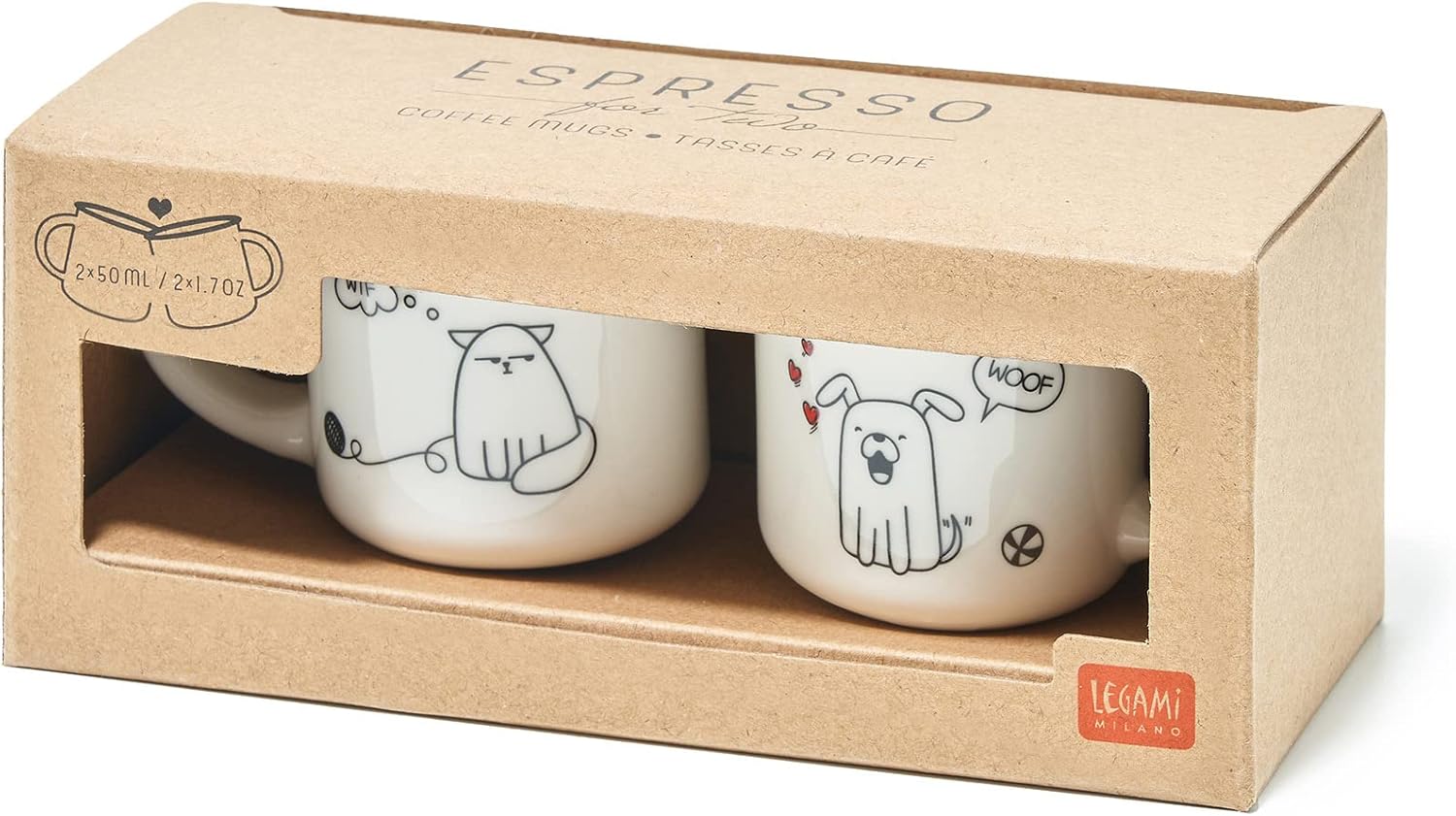 Legami - Espresso For Two, 2 Coffee Cups in New Bone China Porcelain, Capacity 50 ml, Dog and Cat Theme, Dishwasher Safe, Microwave Safe