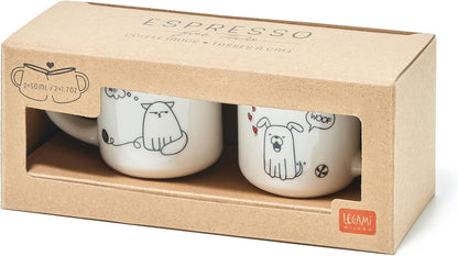 Legami - Espresso For Two, 2 Coffee Cups in New Bone China Porcelain, Capacity 50 ml, Dog and Cat Theme, Dishwasher Safe, Microwave Safe
