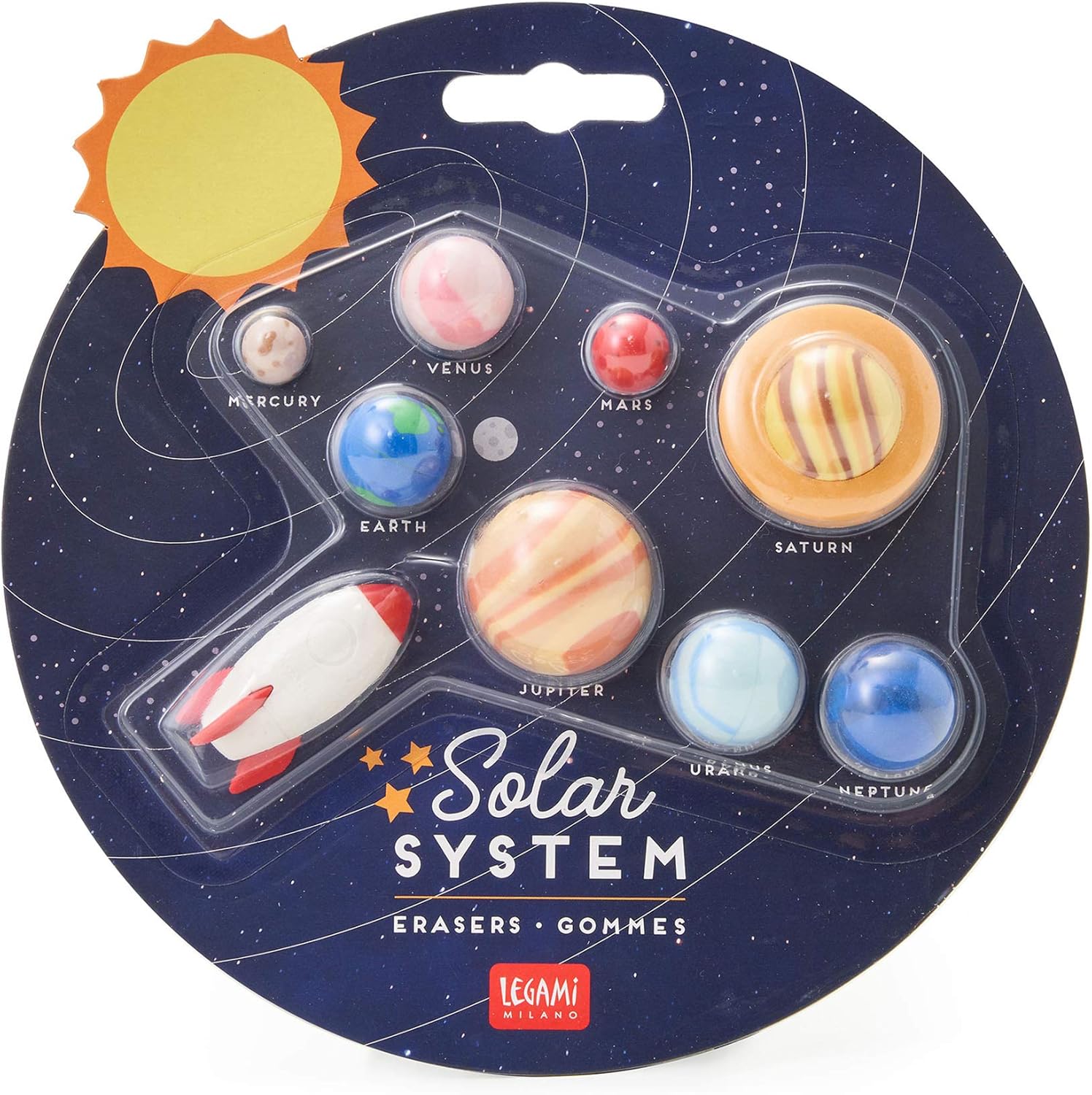 Legami - Solar System Set of 9 Erasers, 0.8 x 3.5 cm, Rocket Shaped Erasers, Planets, Sun, for Precision Erasing