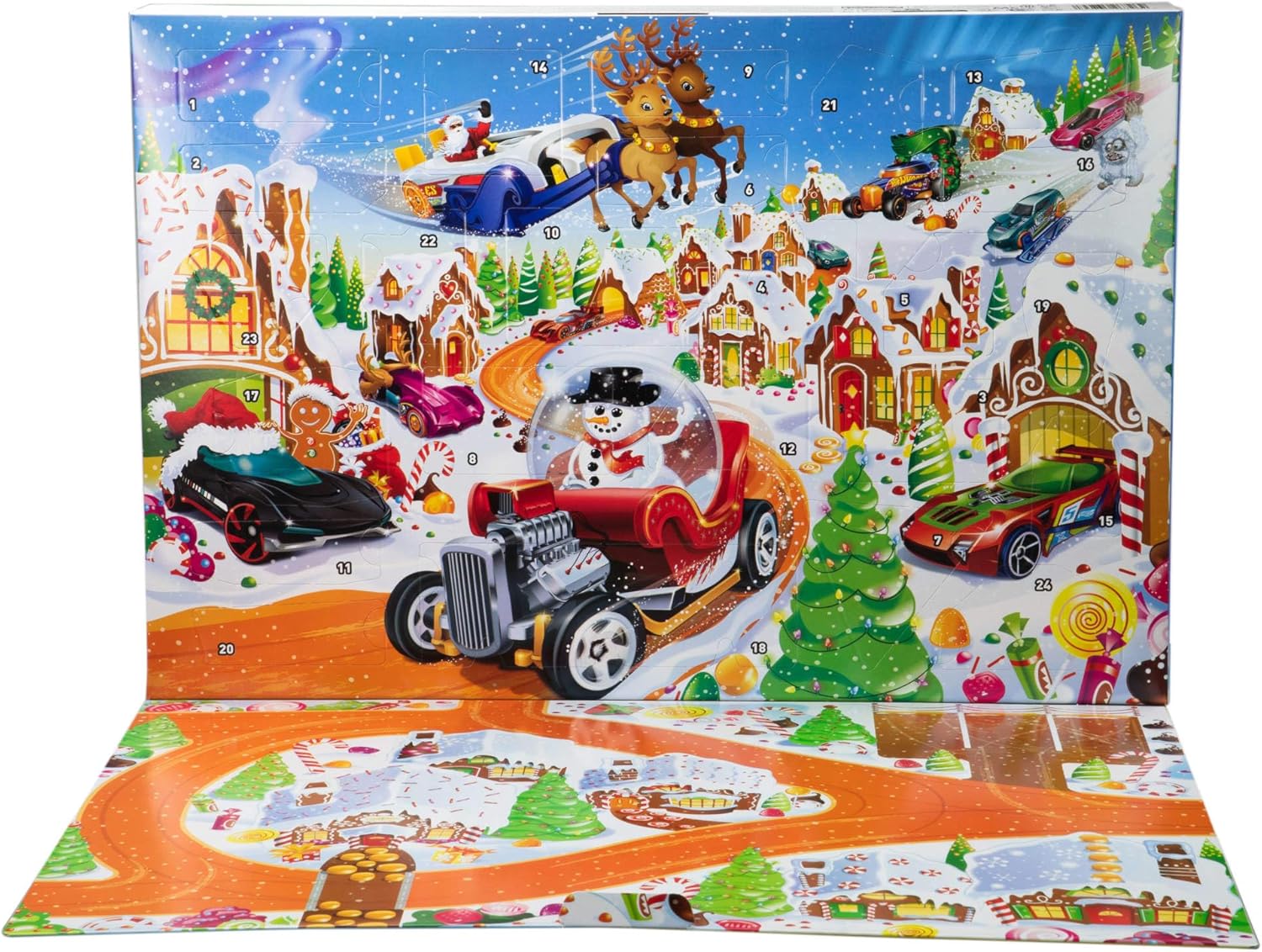 Hot Wheels Spielzeugautos und Spielset, Adventskalender 2025 mit 10 Fahrzeugen im Maßstab 1:64, 10 Clips zum Befestigen und 14 winterlichen Zubehörteilen, JCB47