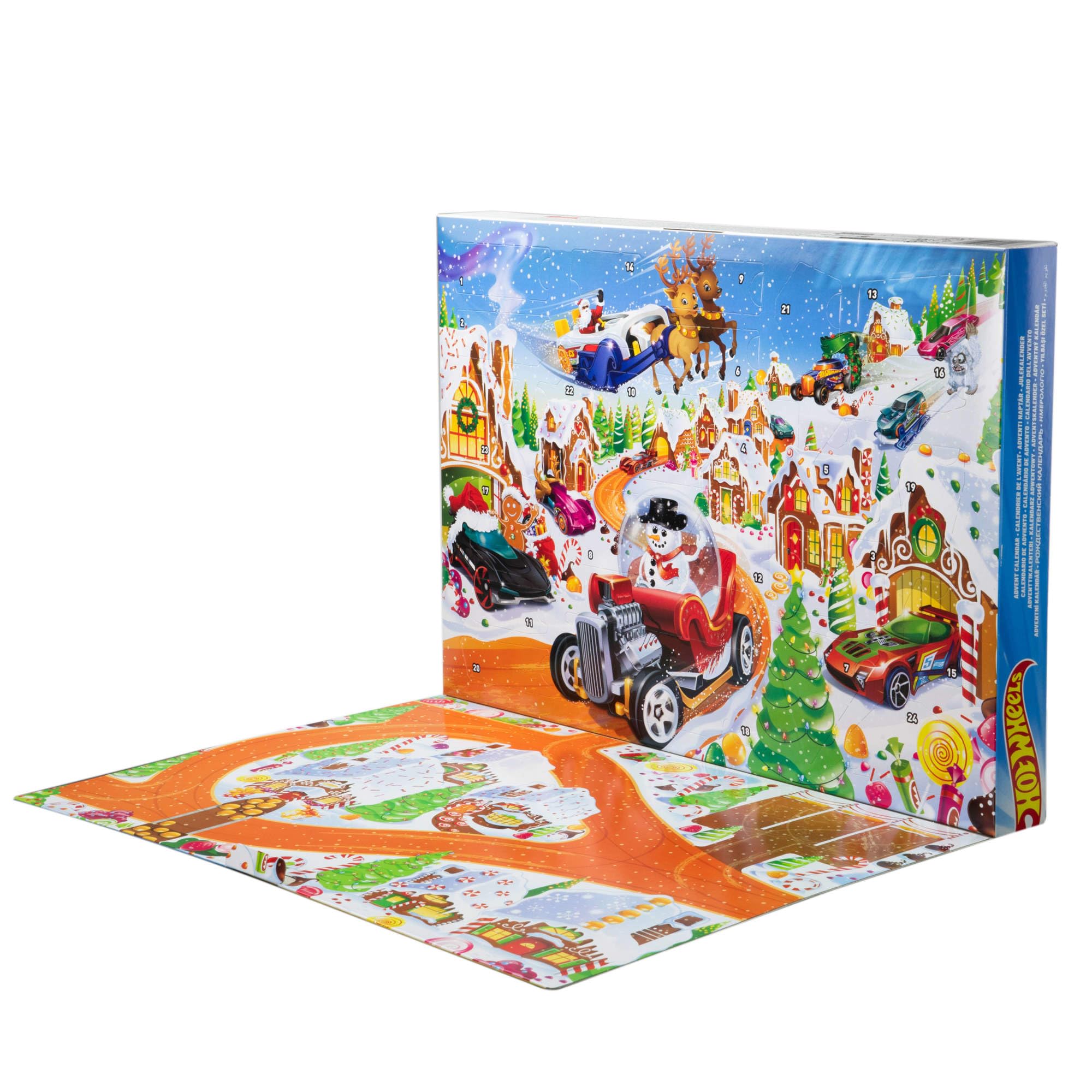 Hot Wheels Spielzeugautos und Spielset, Adventskalender 2025 mit 10 Fahrzeugen im Maßstab 1:64, 10 Clips zum Befestigen und 14 winterlichen Zubehörteilen, JCB47
