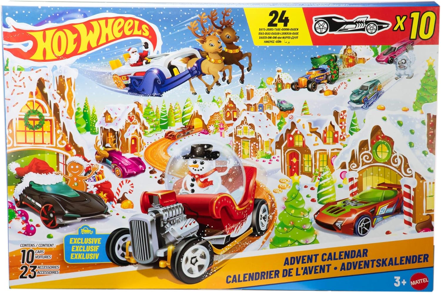 Hot Wheels Spielzeugautos und Spielset, Adventskalender 2025 mit 10 Fahrzeugen im Maßstab 1:64, 10 Clips zum Befestigen und 14 winterlichen Zubehörteilen, JCB47