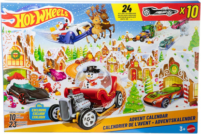 Hot Wheels Spielzeugautos und Spielset, Adventskalender 2025 mit 10 Fahrzeugen im Maßstab 1:64, 10 Clips zum Befestigen und 14 winterlichen Zubehörteilen, JCB47