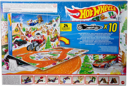 Hot Wheels Spielzeugautos und Spielset, Adventskalender 2025 mit 10 Fahrzeugen im Maßstab 1:64, 10 Clips zum Befestigen und 14 winterlichen Zubehörteilen, JCB47