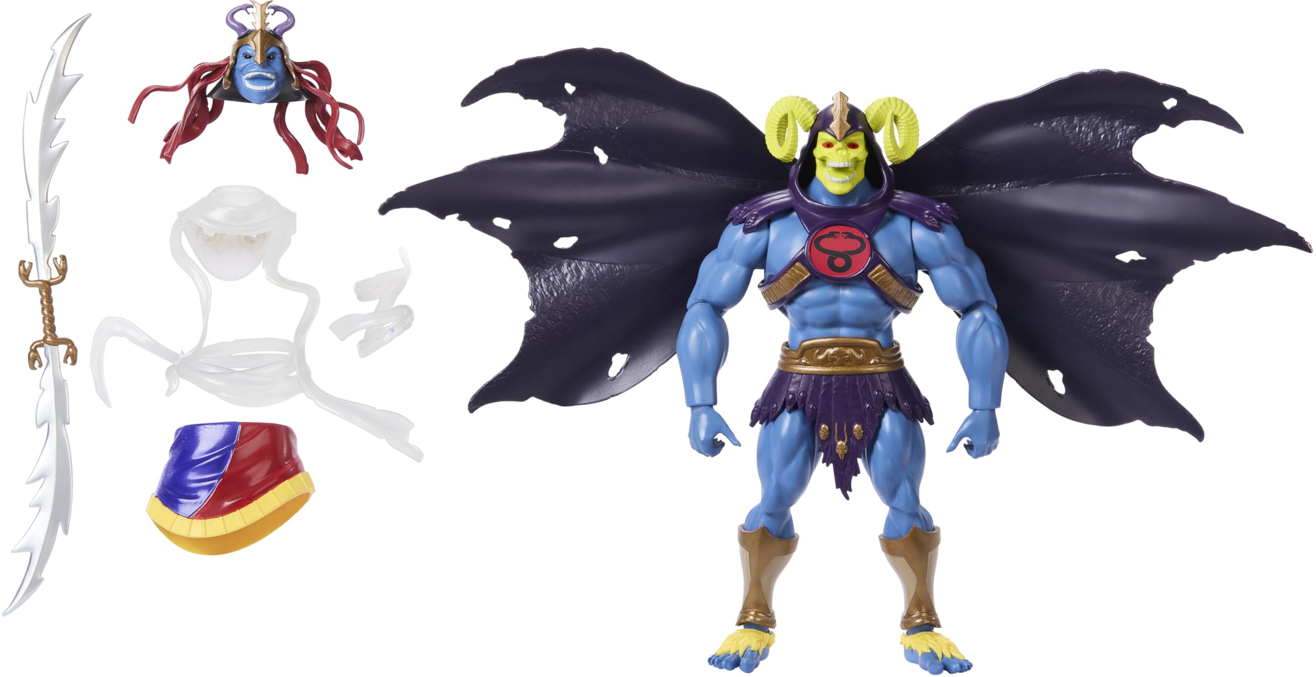Masters of the Universe Origins x ThunderCats - Skell-Ra, action figure snodabile anni '80, con spada, mantello, armatura e teste intercambiabili, giocattolo per bambini, 6+ anni, JFX01