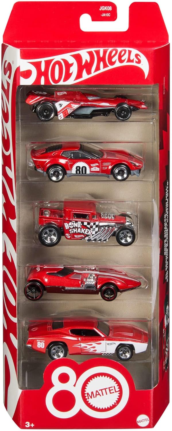 Hot Wheels Spielzeugautos, 5er-Pack Spielzeugautos im Maßstab 1:64 mit Deko und Verpackung zum Sammeln, Core Mattel 80. Jubiläum, Set mit 5 Fahrzeugen, JGK08