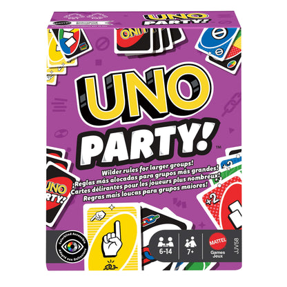 Mattel Games UNO Party Kartenspiel mit mit Karten und Sonderregeln für große Gruppen, für Kinder, Erwachsene und Spieleabende mit der Familie, 6 bis 14 Spieler, ab 7 Jahren, JJV58