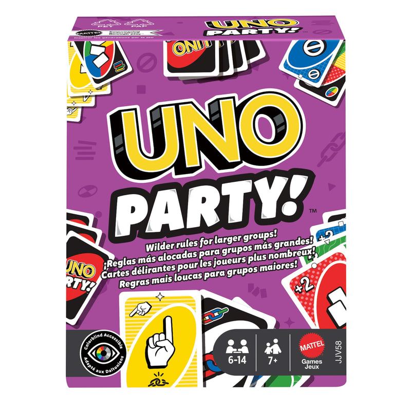 Mattel Games UNO Party Kartenspiel mit mit Karten und Sonderregeln für große Gruppen, für Kinder, Erwachsene und Spieleabende mit der Familie, 6 bis 14 Spieler, ab 7 Jahren, JJV58
