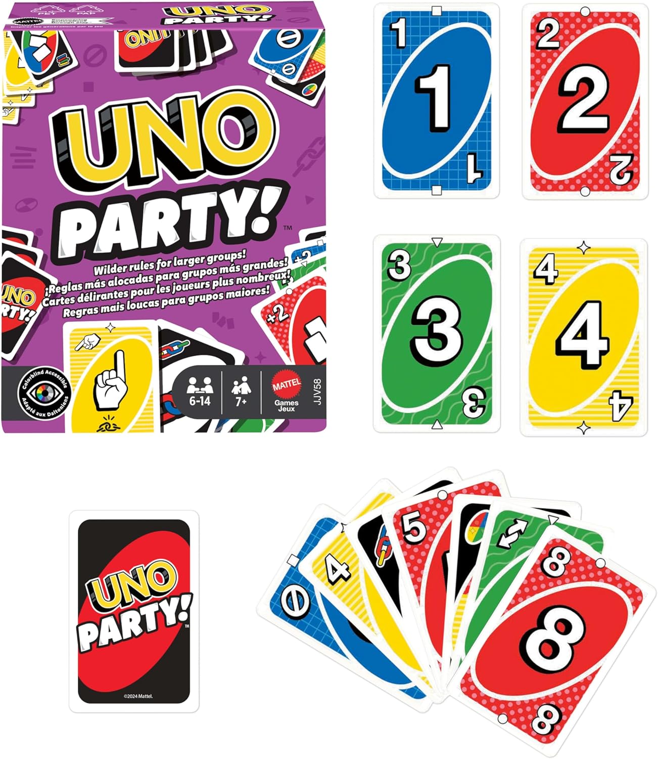 Mattel Games UNO Party Kartenspiel mit mit Karten und Sonderregeln für große Gruppen, für Kinder, Erwachsene und Spieleabende mit der Familie, 6 bis 14 Spieler, ab 7 Jahren, JJV58