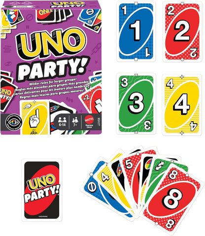 Mattel Games UNO Party Kartenspiel mit mit Karten und Sonderregeln für große Gruppen, für Kinder, Erwachsene und Spieleabende mit der Familie, 6 bis 14 Spieler, ab 7 Jahren, JJV58