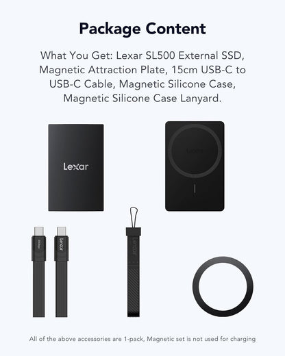 Lexar SL500M External SSD with Magnetic Set 1TB for Creator, Support ProRes 4K Video, Portable SSD USB3.2 Gen2x2, up to 2000MB/s Read, Compatible with iPhone 15 16 Series/Mac/PS5/XBOX/Laptop/PC