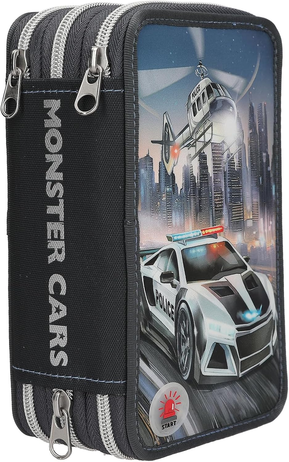 Dino World - Monster Cars Triple Pencil Case With Led, Police Car - (0413333)