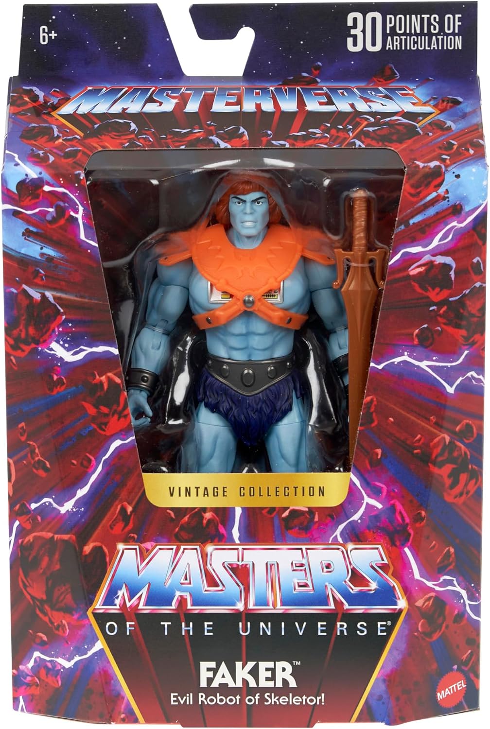 Masters of the Universe Masterverse Actionfigur, Vintage Collection Faker, ca. 18 cm großer Motu blauhäutiger Roboter He-Man Bösewicht mit Zubehör, JBP94