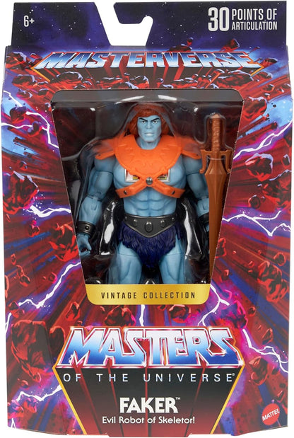 Masters of the Universe Masterverse Actionfigur, Vintage Collection Faker, ca. 18 cm großer Motu blauhäutiger Roboter He-Man Bösewicht mit Zubehör, JBP94