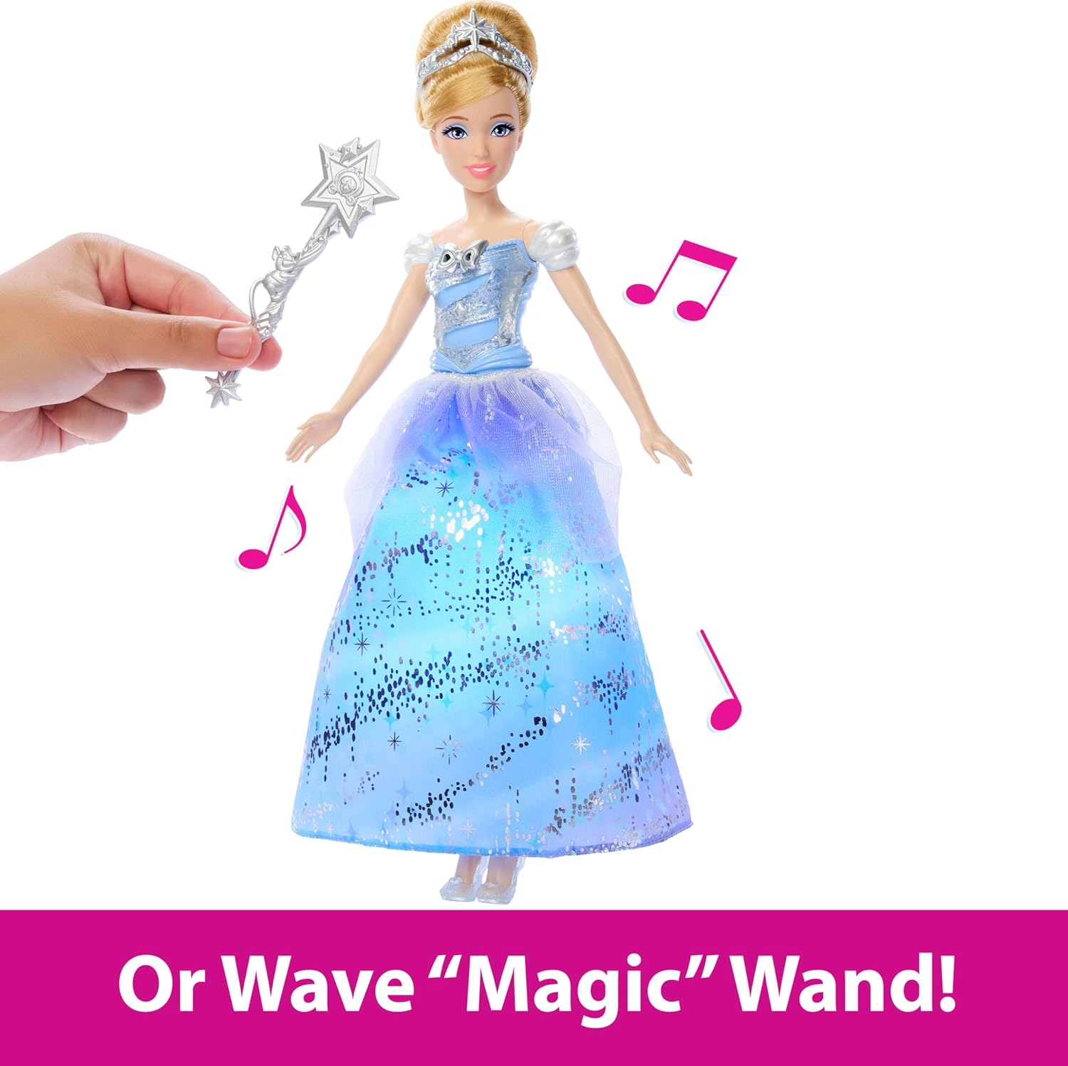 Mattel Disney Princess Cinderella Light-Up Dress Fashion Doll with Sounds & Magic Wand Activation, Enchanted Ballgown Cinderella Inspired by Movie, JBF94